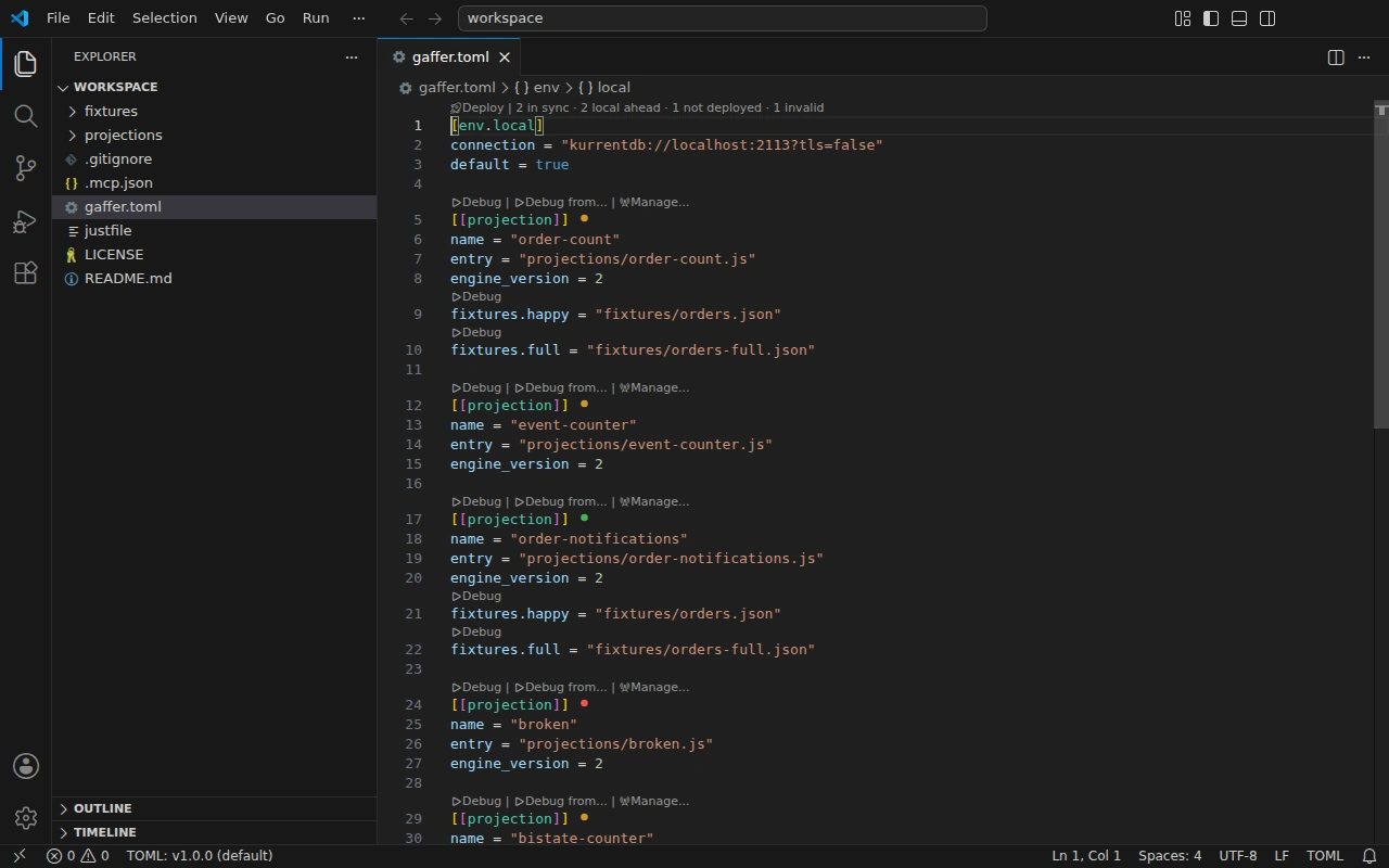 gaffer.toml with Debug, Debug from, and Manage CodeLenses on each projection, per-projection status dots, and the environment's deploy status summary