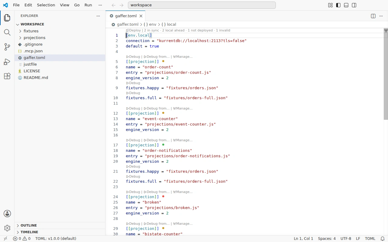 gaffer.toml with Debug, Debug from, and Manage CodeLenses on each projection, per-projection status dots, and the environment's deploy status summary