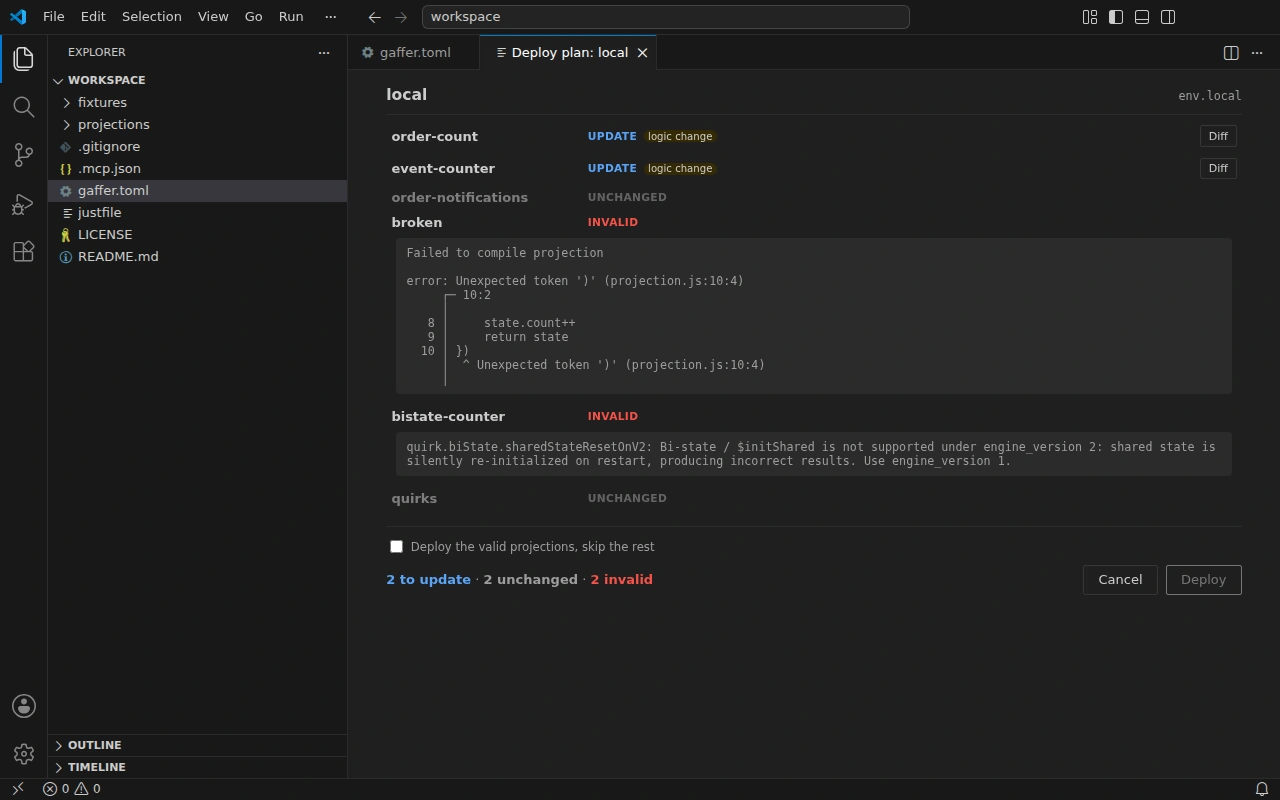 The deploy plan in VS Code: updates flagged as logic changes, unchanged projections, and invalid projections with their compile errors inline
