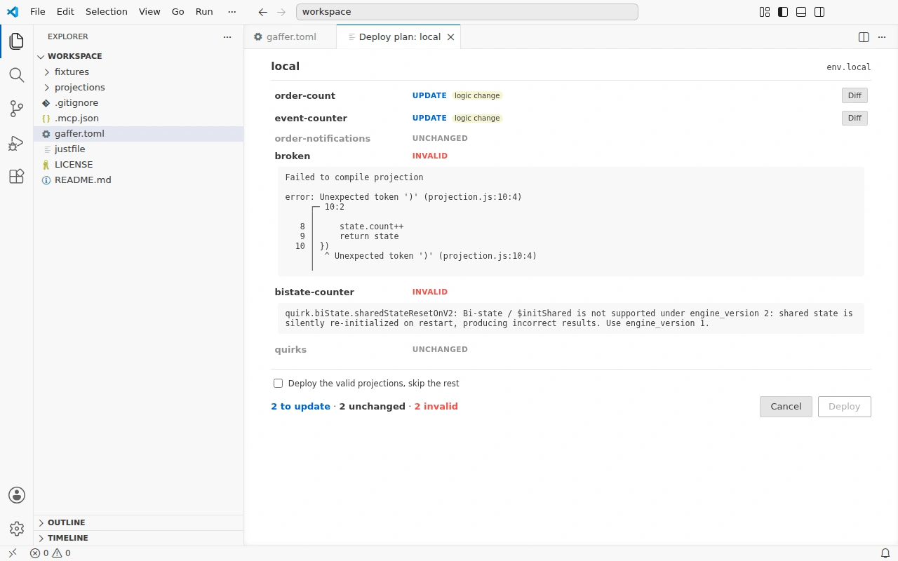 The deploy plan in VS Code: updates flagged as logic changes, unchanged projections, and invalid projections with their compile errors inline