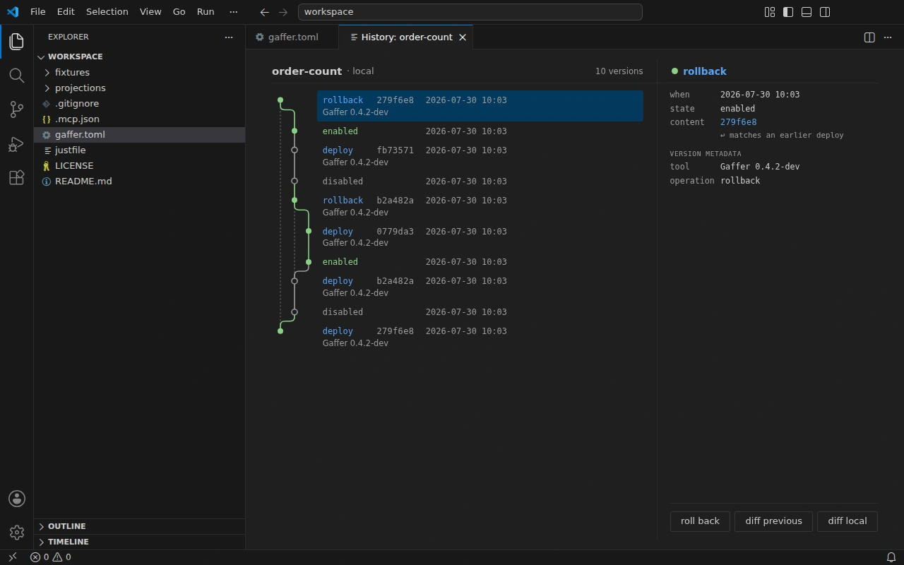 The deploy timeline in VS Code: deploy, disable, enable, and rollback versions on a graph, with the selected version's metadata and actions beside it