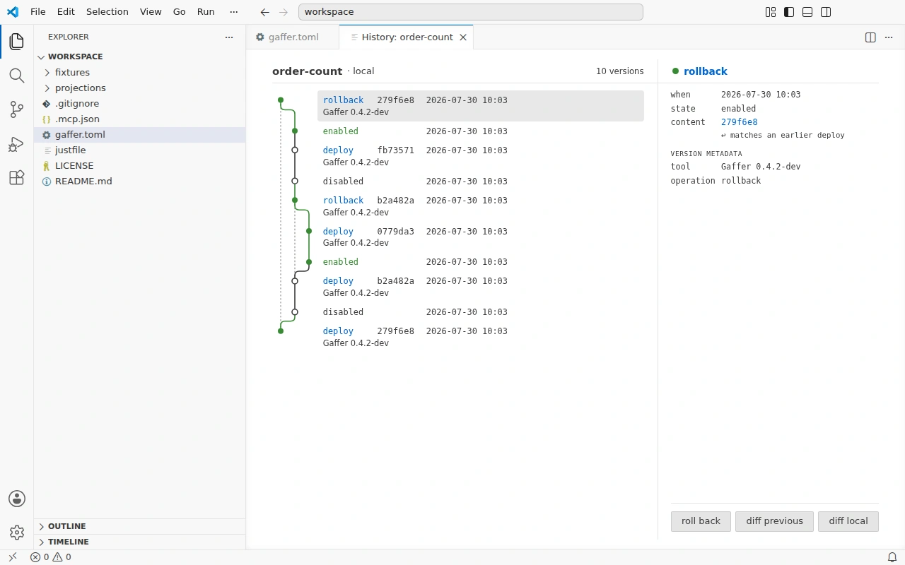 The deploy timeline in VS Code: deploy, disable, enable, and rollback versions on a graph, with the selected version's metadata and actions beside it
